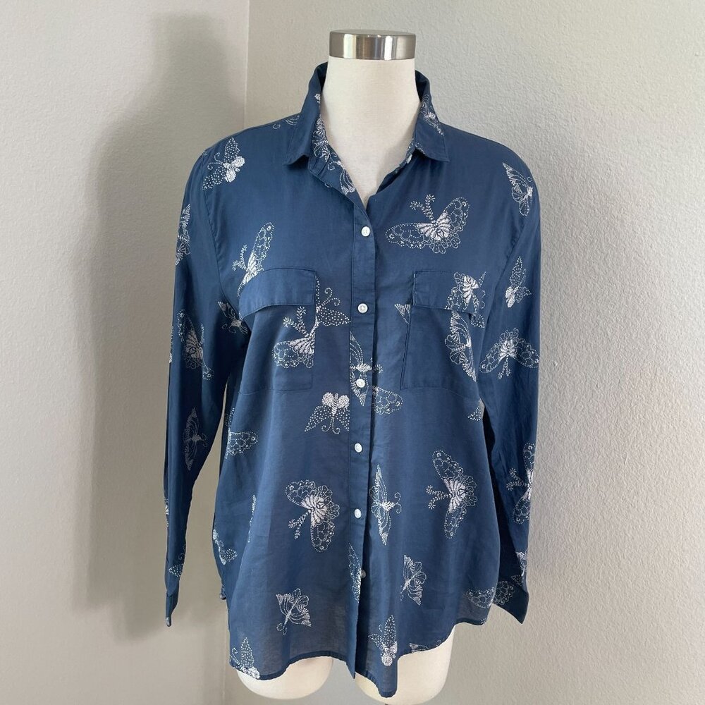 Gap Womens Large Boyfriend Fit Long Sleeve Butterfly Print Cotton Shirt Top